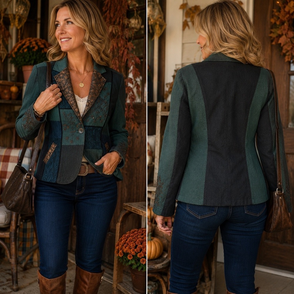Coldwater Creek Beaded Patchwork Blazer Jacket Green Brown Metallic Trim Sz 6